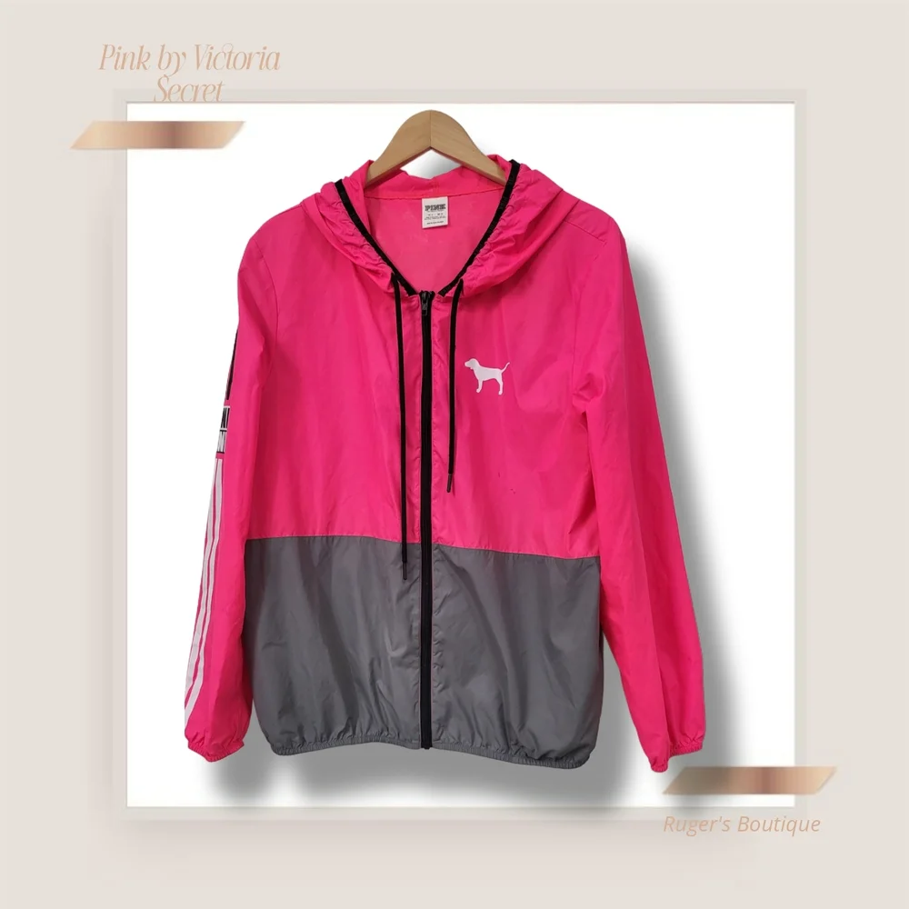 🌿Victoria's Secret Women's Med/Large Anorak Oversized Pink & Gray Wind Breaker - Picture 3 of 14